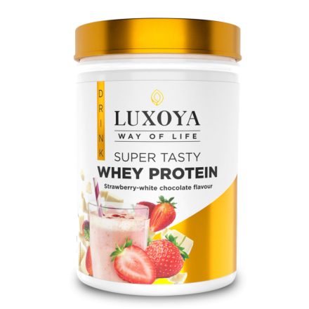 Whey Protein - Tejsavó fehérje italpor 450g PET - Eper-Fehér csokoládé ízű Liofilizált eper darabokkal